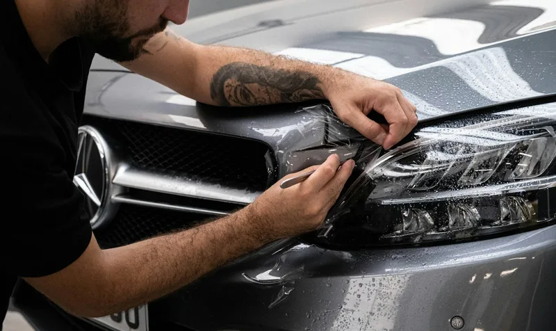Technician applying clear paint protection film (PPF) to a car headlight and front bumper